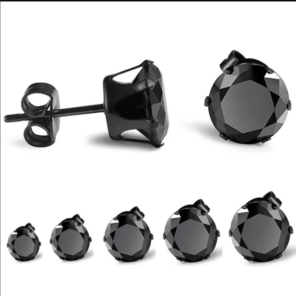 🐘🐘 Men’s Stainless Steel Black Sapphire Stud Earrings - Picture 3 of 9